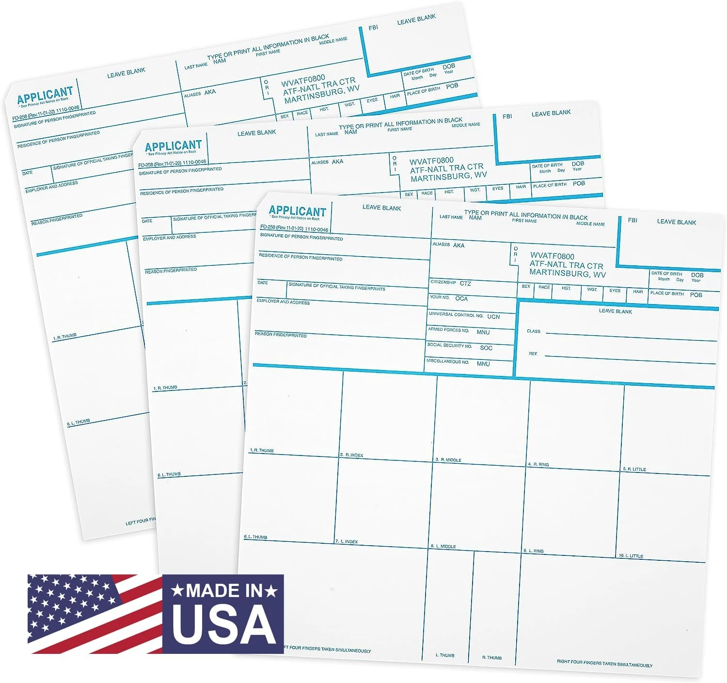 National Gun Trusts - Made in USA - FD-258 Fingerprint Cards 2026, 3 pack - 11-1-20 Version (ATF ORI)