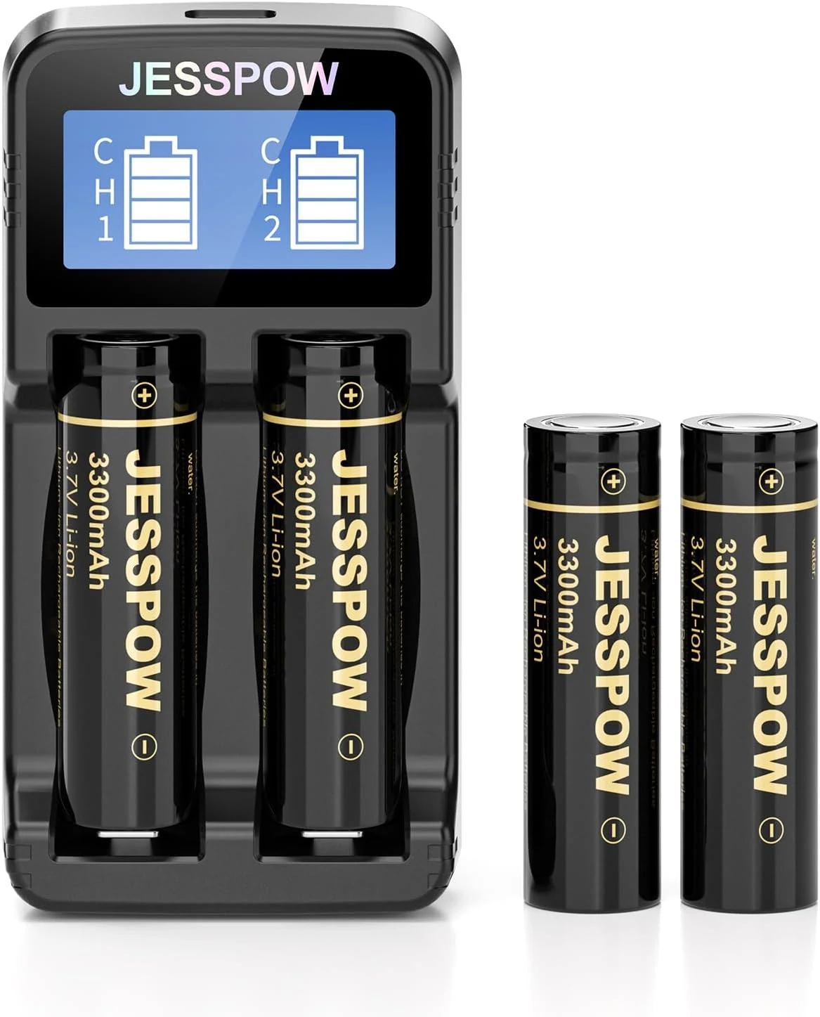 2-Slot 18650 Battery Charger Set 4pcs 3300mAh Flat Top, Universal