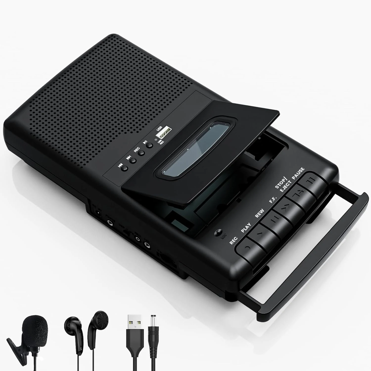 Portable Cassette Player,Digital Cassette Recorder – Portable Tape Player with Stand-Alone Microphone, Built-in Speaker, Retractable Handle, 3.5MM Headphone