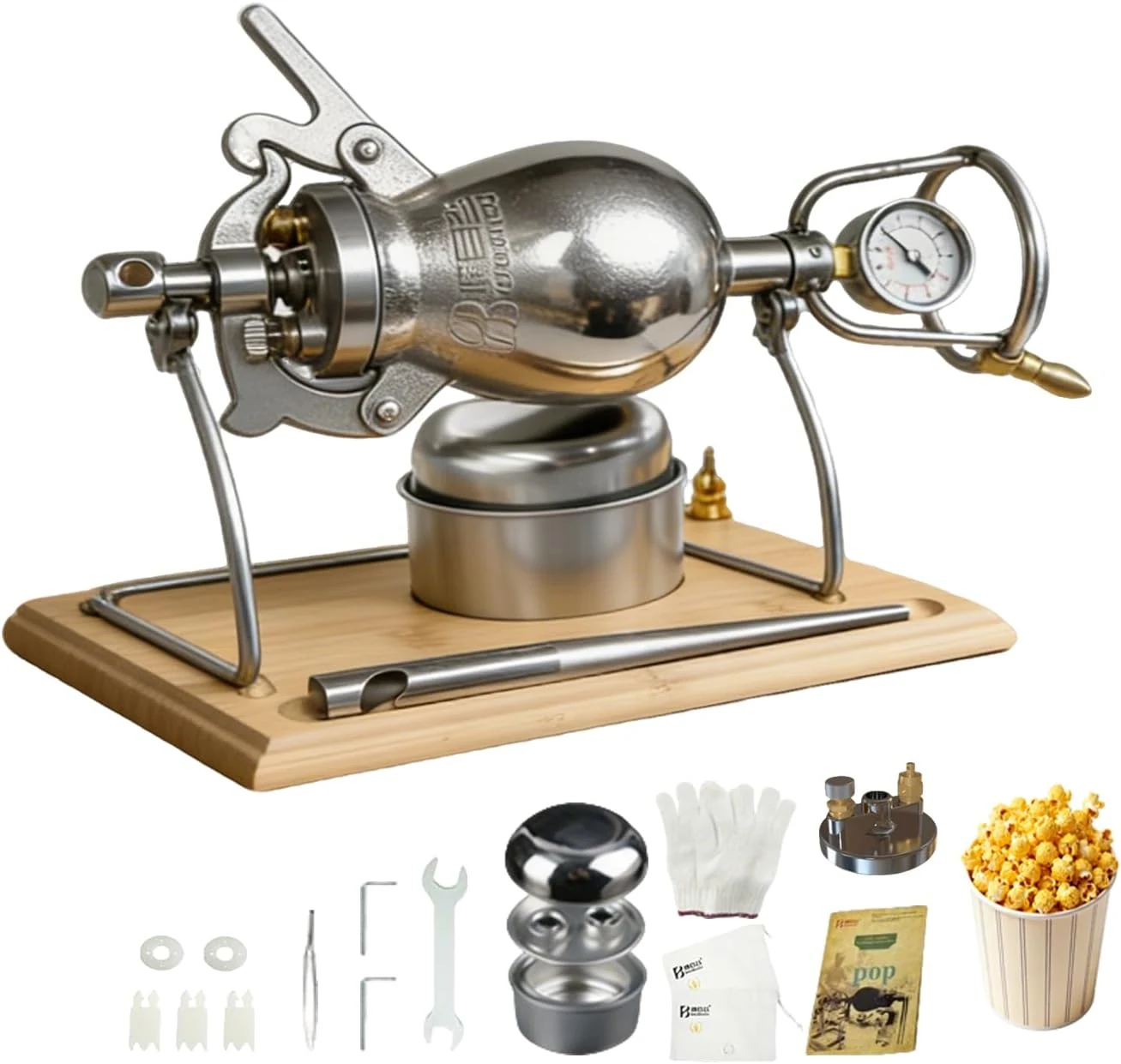 500ML Chinese Popcorn Maker, 304 Stainless Steel Popcorn Machine, High Pressure Hand Stick Pop Popcorn Popper for Movie Night Home Party Fun (Silver)
