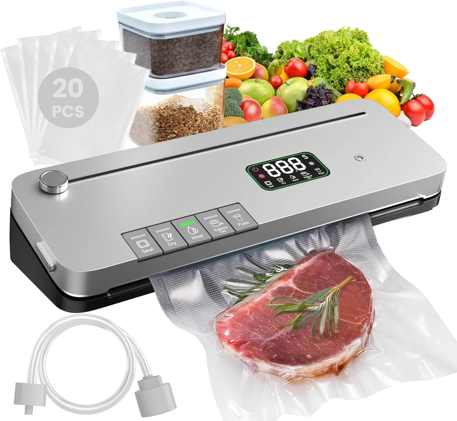 Food Vacuum Sealer Machine, 75KPa Strong Suction, Digital Timer, Built-in Cutter, Pulse Function, Dry & Moist Modes, External Vacuum for Jars & Containers