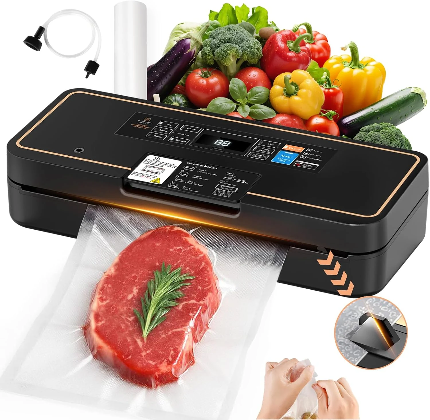 Vacuum Sealer for Food, 95kPa Food Saver Machine, 135W Fast-Sealing with Easy Tear Cutter, Built-in Bag Storage, 9-in-1 Compact with 10 ft Bag Roll (UPRUBE)