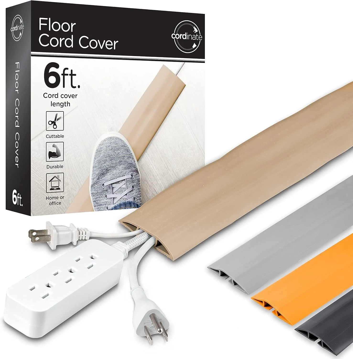 Cordinate 6ft Floor Cord Cover, Cable Protector, Hide Extension Cords, Protect Cords, Prevent Cable Trips, Heavy Duty Cord Hider - Cable Cavity = 0.75" (W) x 0.43" (H) - Tan