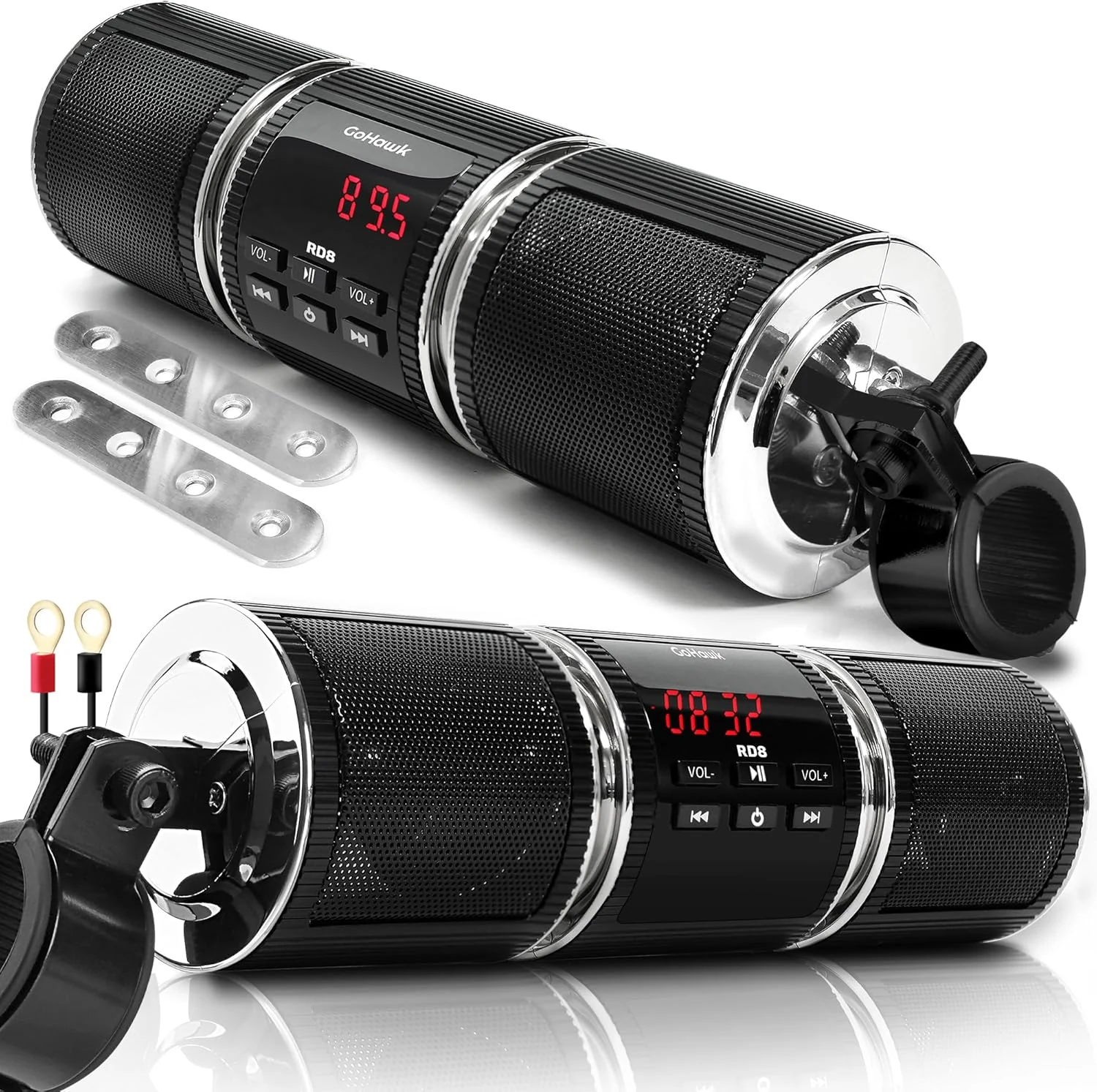 GoHawk Motorcycle Speakers Bluetooth, Waterproof Motorcycle Audio System Built-in Amplifier, FM Radio, AUX Input, USB - Universal Fit for 7/8" to 1.25" Handlebar
