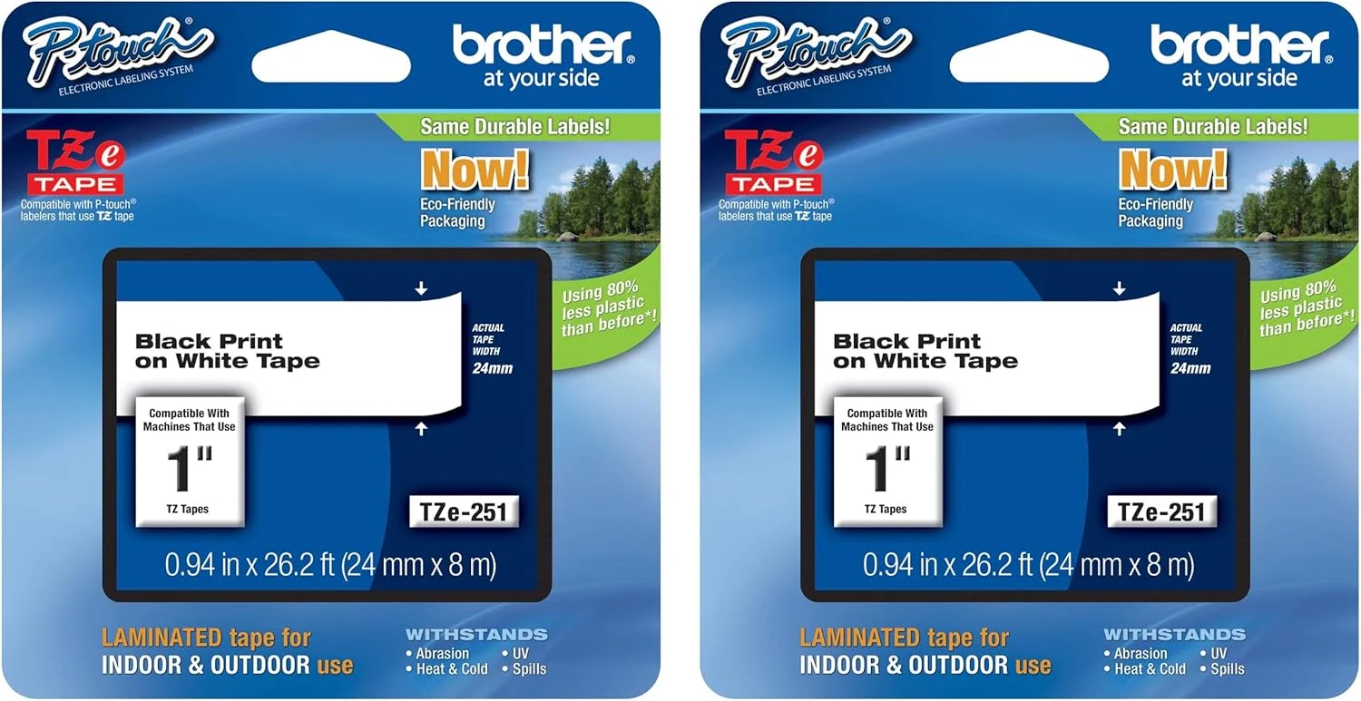 Brother Genuine P-Touch 2-Pack TZe-251 Laminated Tape (Black Print on White, 24mm/8m)