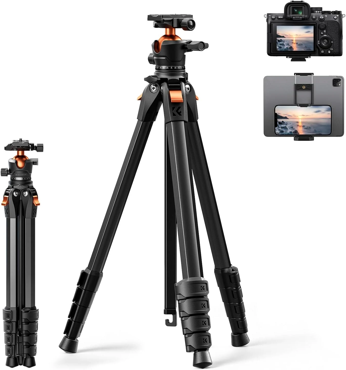 K&F CONCEPT 63" Aluminum Travel Tripod for Camera/Phone, 2.6 lbs Compact Lightweight with Arca Ball Head, 22 lbs Max Load