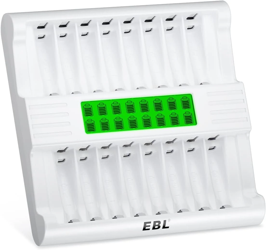 EBL AA Battery Charger, 16 Bay Batteries Charger with 1-Hour Fast Charging with LCD Display and AC Plug Cable for AA AAA NiMH Rechargeable Batteries