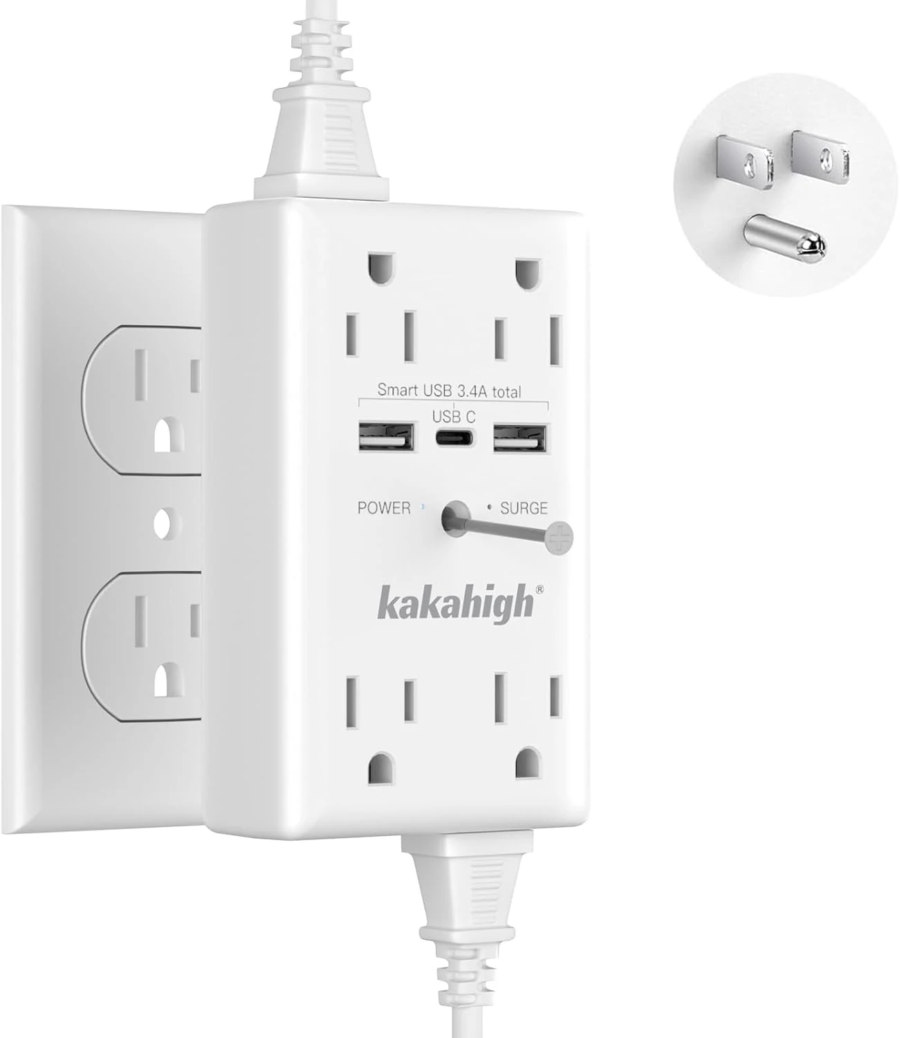 kakahigh wall outlet extender with screw, 8 way outlets with 1680J surge protected and USB ports