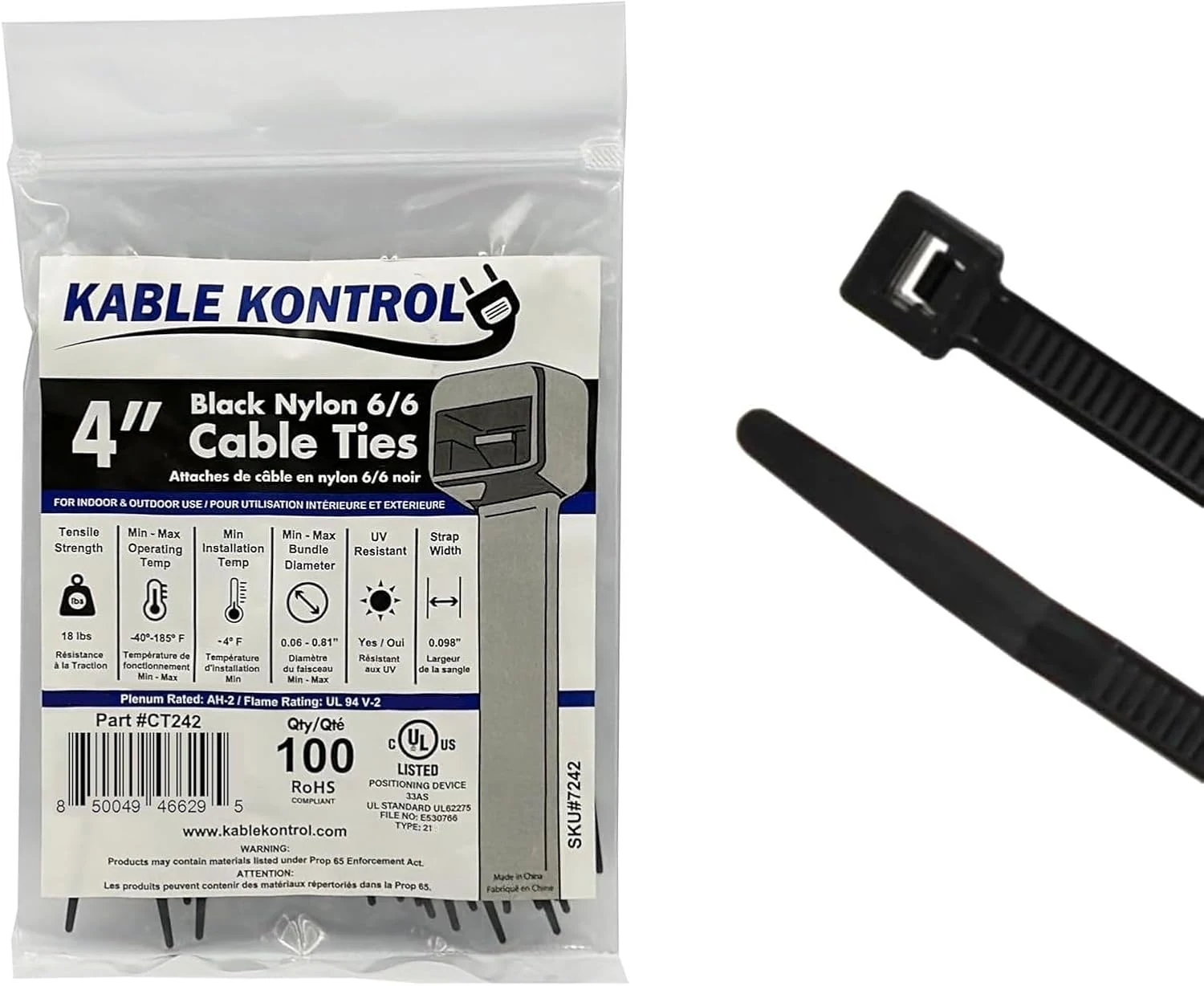 Kable Kontrol Cable Zip Ties 100 Pcs 4 Inch Black, 18 Lbs Tensile Strength, Self-Locking UV Resistant Plastic Nylon Wire Ties, for Indoor or Outdoor Use