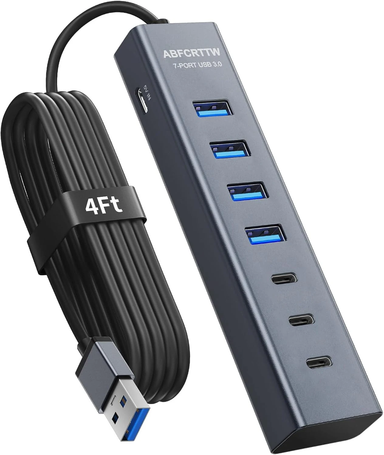 4Ft 7-Port USB Hub 3.0 for Desktop, 4 USB-A & 3 USB-C Ports Aluminium 5Gbps USB Extender Hub