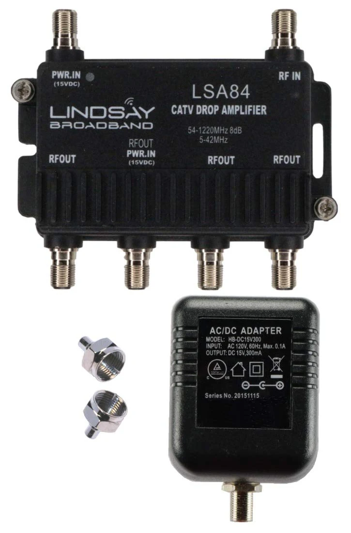 4-Port Cable TV/Antenna/HDTV/Internet Digital Signal Amplifier/Booster/Splitter with Passive Return, F59 Terminators (Lindsay LSA84)