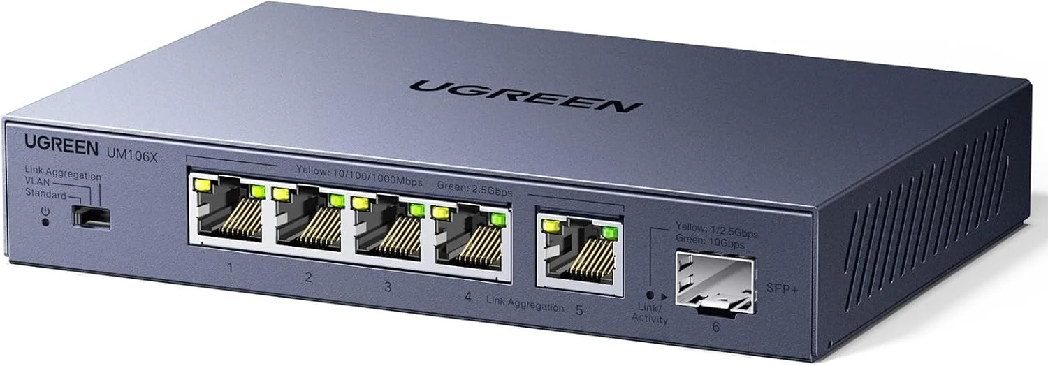 UGREEN 2.5Gb Switch, 6-Port Ethernet Switch, 5 x 2.5Gb + 1 x 10Gb SFP+, Standard/Link Aggregation to 5Gbps/VLAN 3 Modes, Plug & Play Metal Unmanaged Ethernet Splitter, Desktop/Wall Mount, for NAS, PC