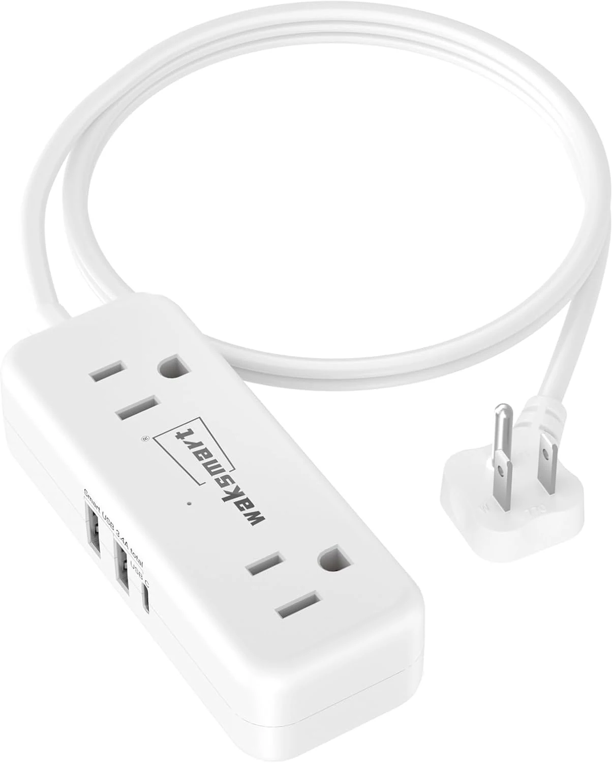 Waksmart flat plug extension cord 3 feet with 4 AC outlets and 3 USB ports