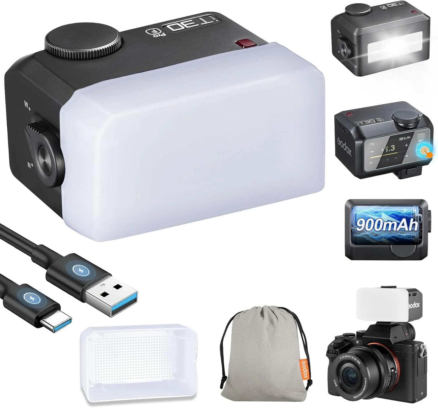 Godox iT30 Pro F TTL Mini Flash for Fuji with Diffuser—HSS 1/8000s, 2.8" Full-Color Touchscreen, 2.4G Wireless X System