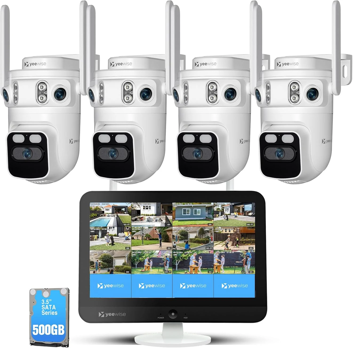 yeewise Triple Lens Wireless Security Camera System with 12" Monitor, 180° Wide View + 360° PTZ AI Tracking, WiFi 6, 16CH NVR