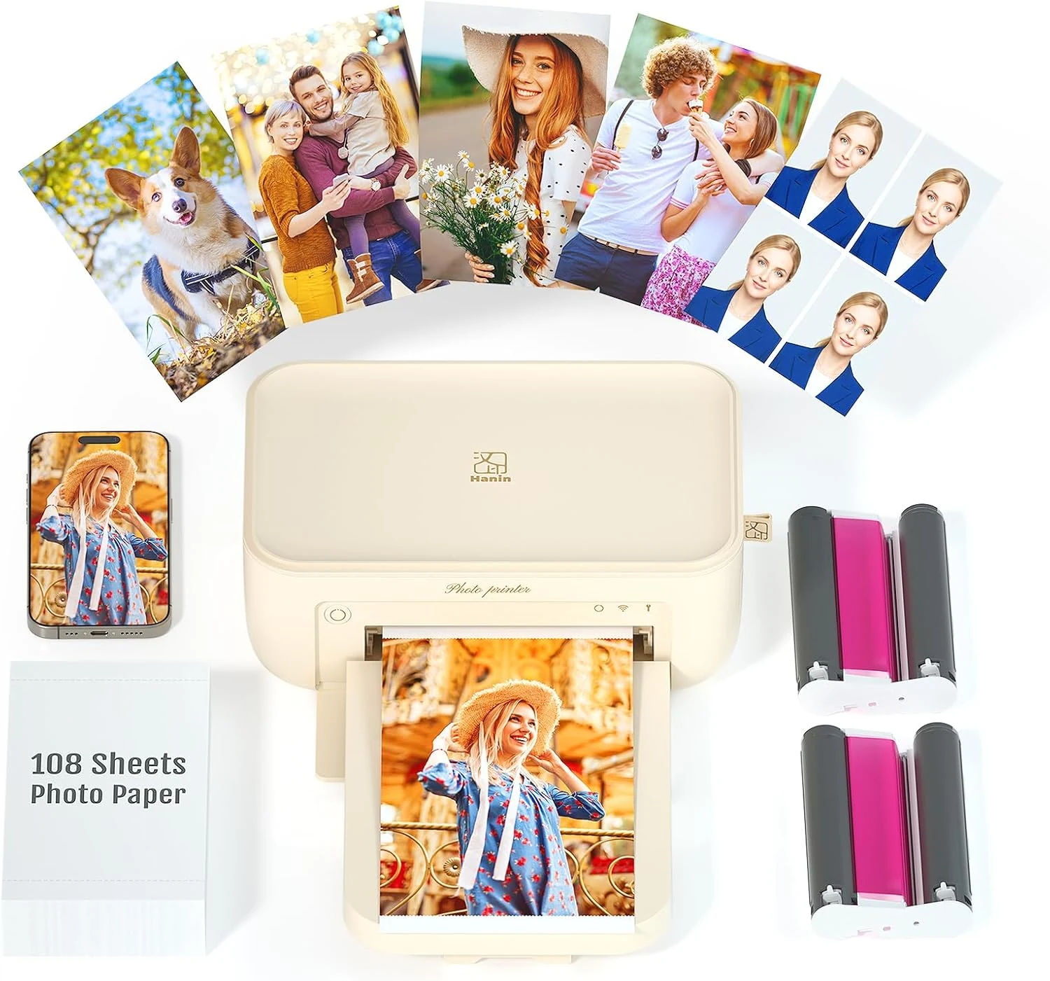 iDPRT 4×6 Photo Printer, Bundle 108 Sheets Photo Paper & 2 Ribbon Cassette, Beige