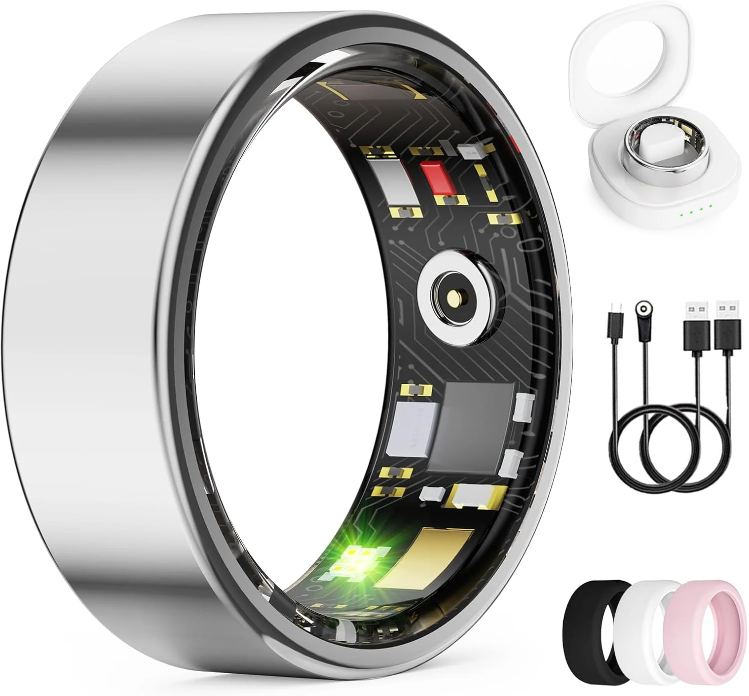 Smart Ring for Women & Men, Health Tracker Ring with Heart Rate, Blood Oxygen,Blood Pressure, IP68 Waterproof Fitness Ring, Sleep Tracker for iPhone and Android, No APP Fee (Silver, 6#)