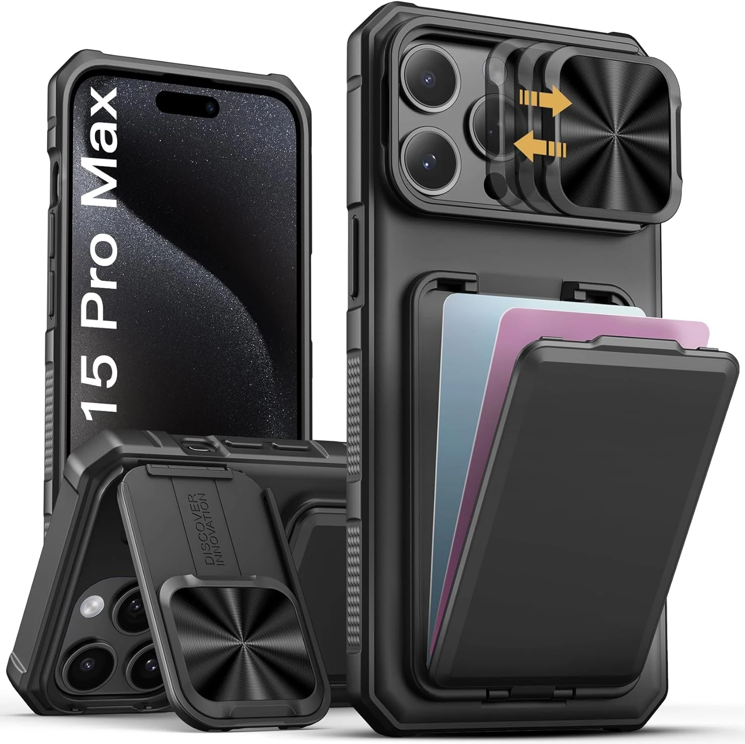 SSLOTSCASE for iPhone 15 Pro Max Case with Card Holder, Kickstand & Slide Camera Lens Cover