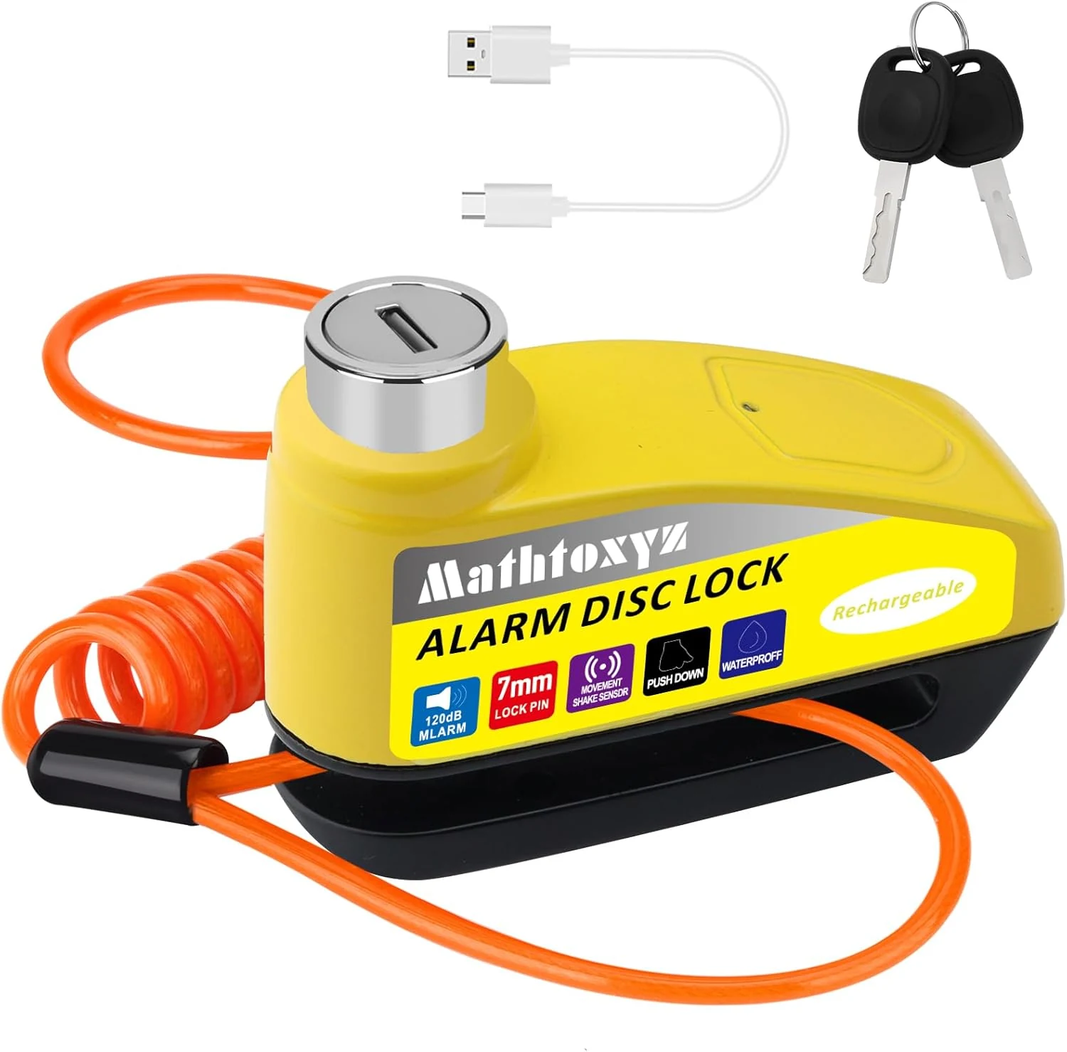 Mathtoxyz Motorcycle Lock Rechargeable, 120dB Alarm Disc Brake Locks Anti-Theft Security Wheel Disc Lock