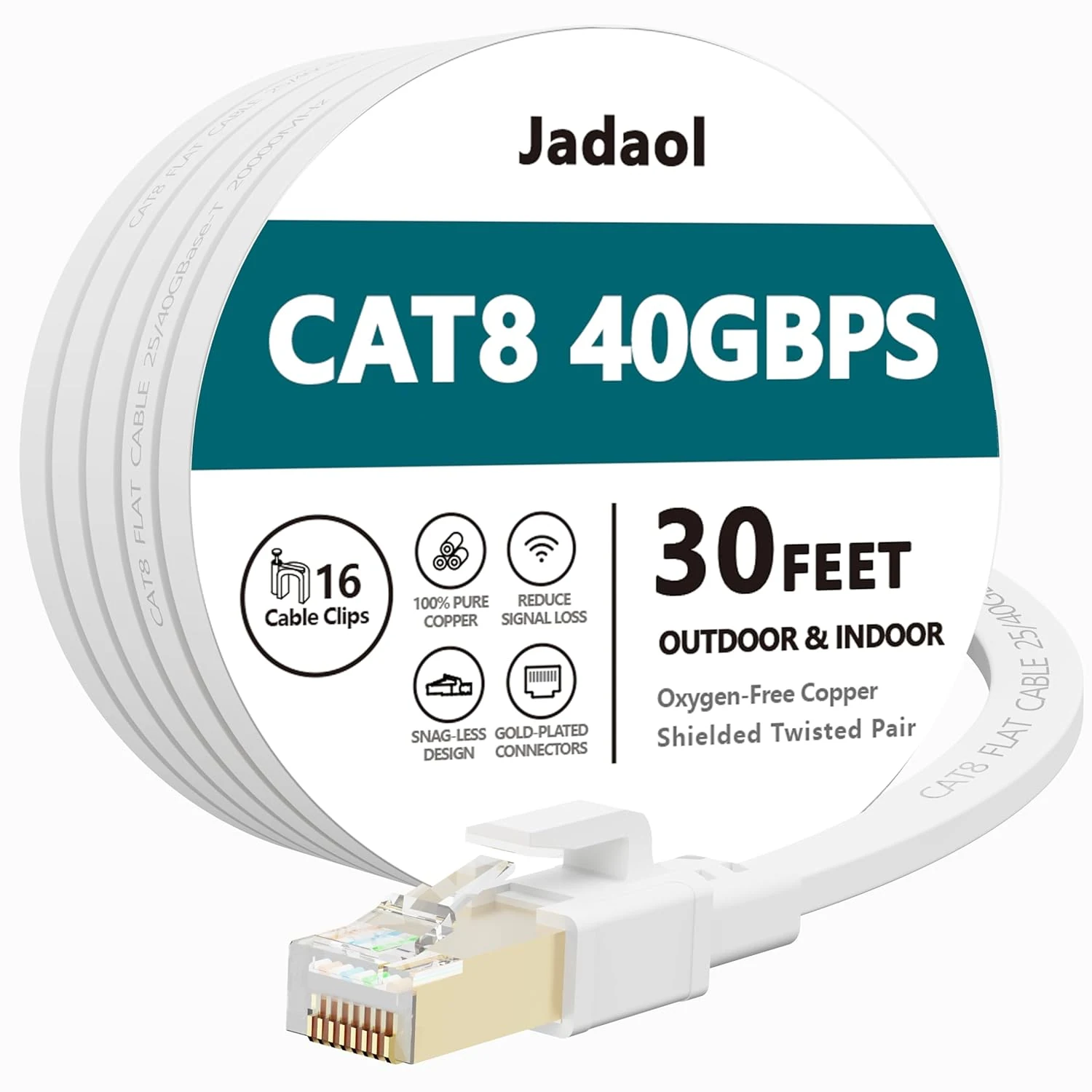 Jadaol Cat 8 Ethernet Cable 30 ft, 40Gbps 2000MHz Flat RJ45 S/FTP LAN Patch Cable (White)
