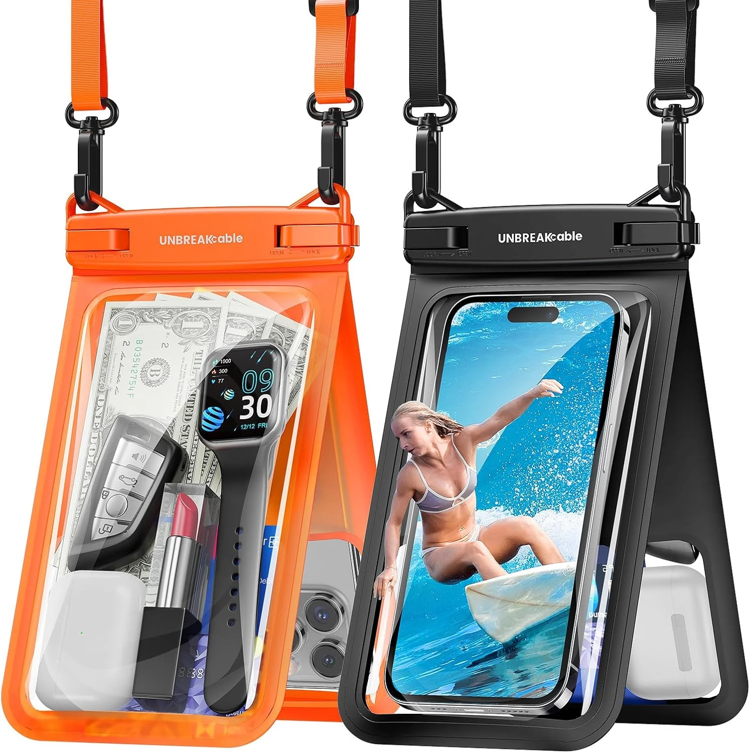 UNBREAKcable IPX8 Waterproof Phone Pouch 2-Pack, Double Space Waterproof Phone Case for iPhone 15 16 17 Pro Max up to 7-inch