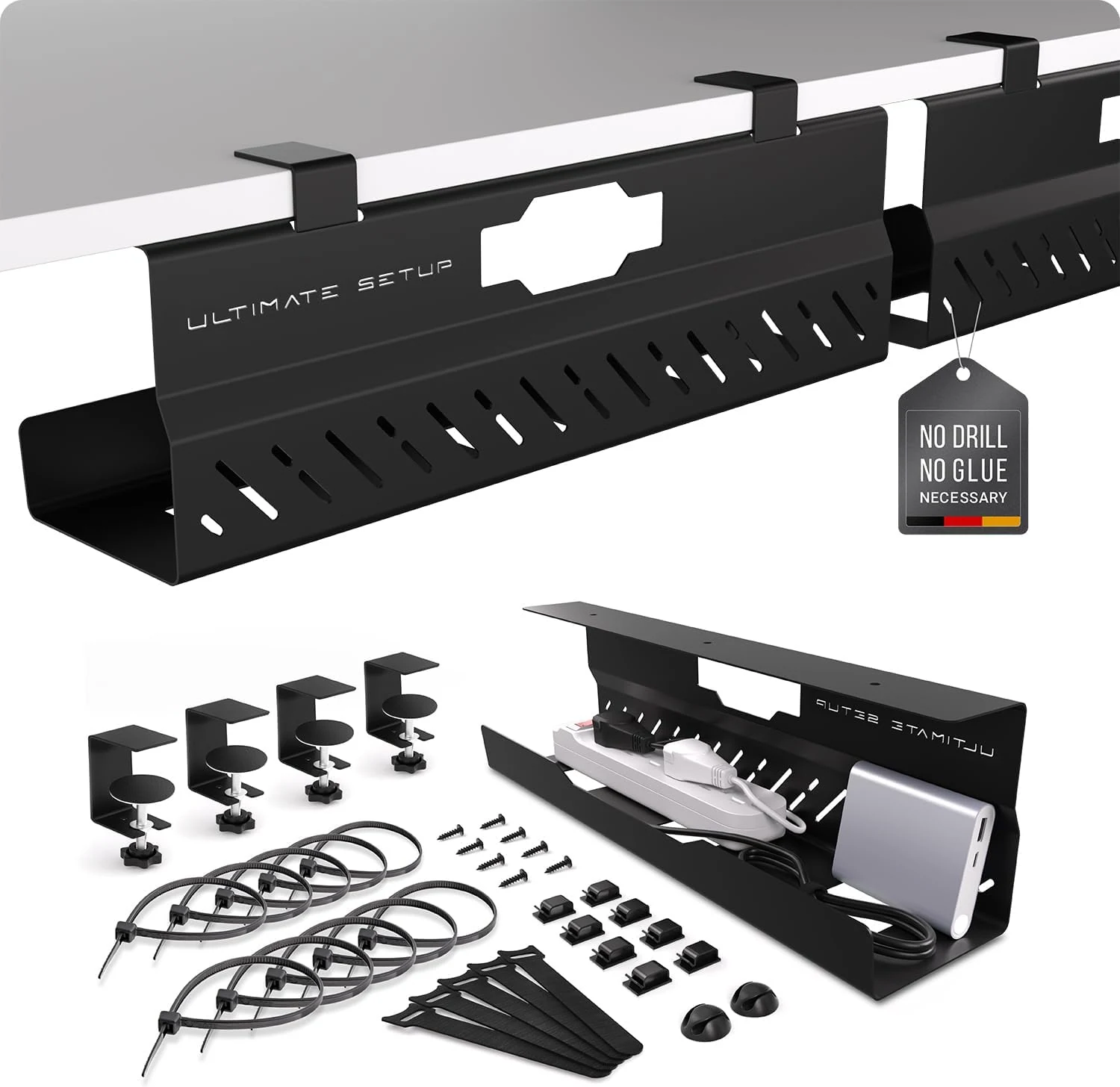 Under Desk Cable Management Tray no Drill – Wire Management - Cord Organizer – Huge Load Capacity – Under Desk Cable Tray no Drill (Black, 2 Pieces Set)